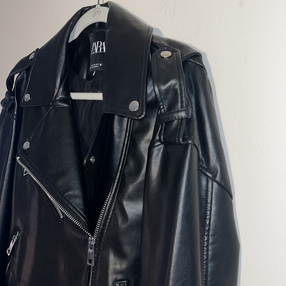 NEW Zara Oversized Black Leather Moto Jacket Women's Coat Size Medium - Picture 7 of 11